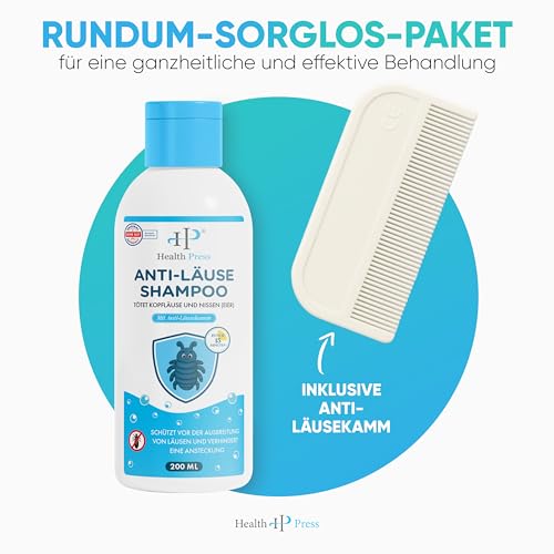 Health Press Anti-Läuse-Shampoo – 200 ml Vorteilspackung – Läuse Shampoo inkl. Läusekamm – Läuseshampoo Familienpackung für Erwachsene, Kinder – In EU zugelassenes Medizinprodukt in Apothekenqualität