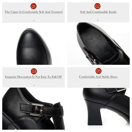 Women's Slip-On Black Genuine Leather Square-Toe Chunky Heel Mary Janes Shoes with Buckle Accent Comfortable Versatile for Daily Office Work Walking Casual Outings2