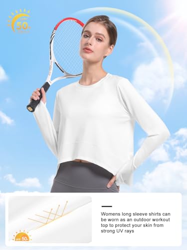 Image of Women's UPF 50+ Sun Shirt Long Sleeve Rash Guard UV Protection top with Thumb Holes Side Slits for Hiking Running White XL