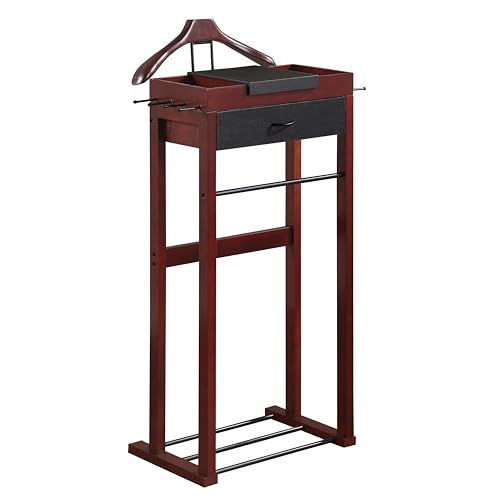 Proman Products Winston Freestanding Wooden Clothes Valet Stand Organizer with Hanger, Pant Rod, Drawer, Tie hook, Tray, Shoe Rack for men and women (Mahogany)