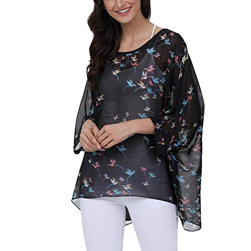 Image of Ckikiou Plus Size Batwing Flowy Semi Sheer Chiffon Blouse Tunic for Women Summer Floral Print Boho Beach Cover ups