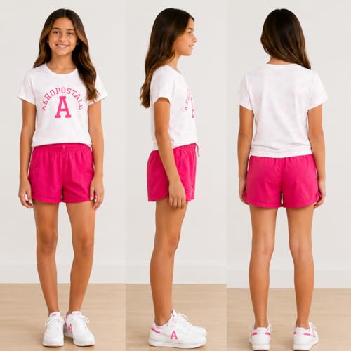 Image of AEROPOSTALE Girls Shorts Set - 2 Piece Soft Short Sleeve Graphic Tees and Twill or Denim Shorts Summer Outfits for Girls