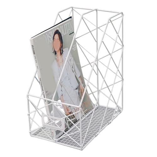 Milnnie Modern Geometric Metal File Organizer for Desk, 8"×10"×12" Iron Mesh Magazine Holder, Desktop Document Rack Storage for Office Supplies, Vertical Book Stand File Folder Rack (White)