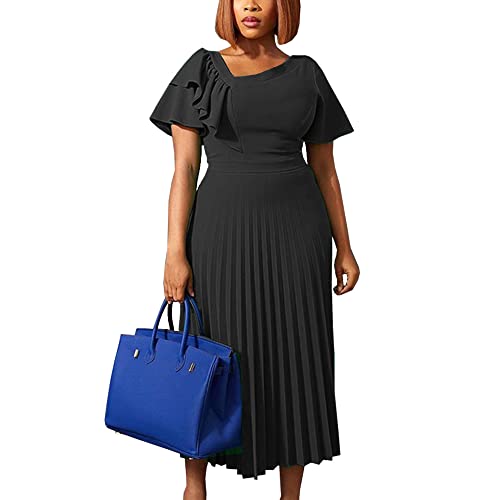 AOMEI Women's Short Sleeve Asymmetrical Ruffles High Waist Pleated Hem Midi Spring Dress