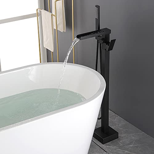 Limited Stock SHAMANDA Luxury Freestanding Bathtub Faucet Single Handle Waterfall Tub Filler with Handheld Shower Matte Black, Floor Mounted, FL701-7