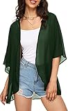 Women's Solid Puff Sleeve Kimono Cardigan Loose Cover Up Casual Blouse Top Chiffon Dark Green