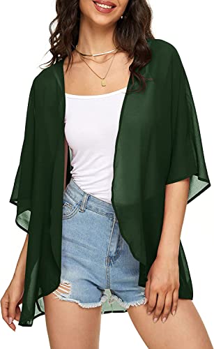 Image of Indian Trendy Women's Solid Puff Sleeve Kimono Cardigan Loose Cover Up Casual Blouse Top Chiffon