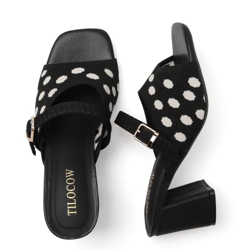 Image of Tilocow Knit Heeled Sandals for Women Square Open Toe Heeled Mules Chunky Block Low Heel Slip On Slides