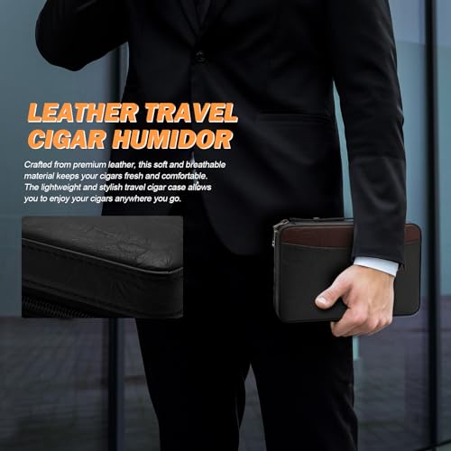 LIHTUN Cigar Humidor, Leather Cedar Wood Travel Cigar Case and Multifunctional 5-in-1 Cigar Lighter Set - Portable Travel Humidor Box with 2 Two-Way Humidity Packs - Cigar Gift for Men (Black) - Thumbnail 5