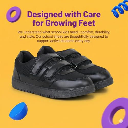 Image of ATHCO Scholar School Shoes Black for Boys & Girls| Soft Cushioned Memory Foam Heel Pad Support|Uniform Shoes | Lightweight | Velcroo |Easy Wear & Care|Padded Textured Heel Grip Lining | Breathable | All Day Comfort