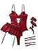 Lilosy Sexy Stocking Rhinestones Heart Garter Underwire Floral Mesh lace Sheer Babydoll Lingerie Teddy Bodysuit Skirt Set Women 2 3 Piece Push Up See Through Burgundy Red Medium