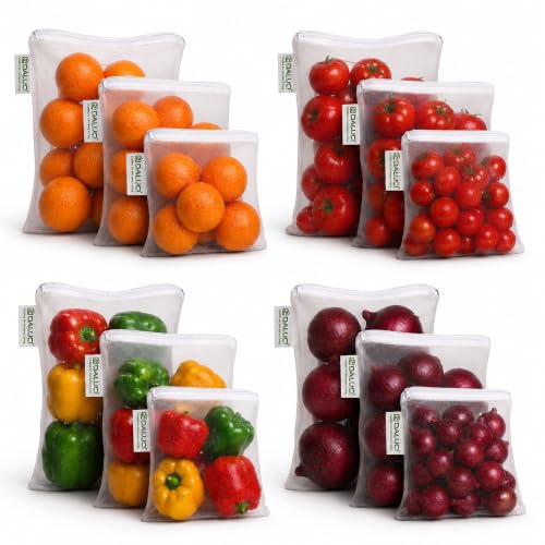 Image of DALUCI Vegetable Bags for Fridge Set of 12 Reusable Fridge Storage Bags for Vegetables and Fruits with Zipper Dual Layer Mesh Vegetable Storage Bags Multi Size Refrigerator Organizer Bags (White)