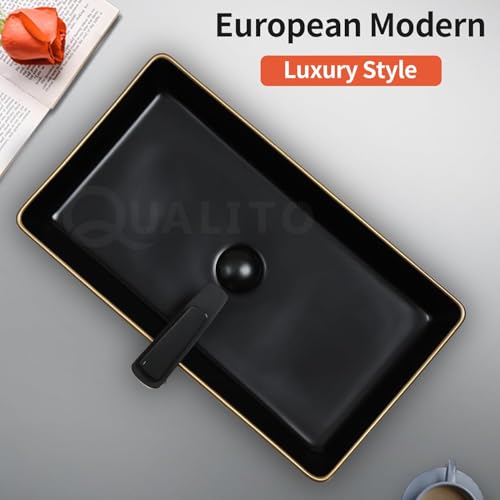 Image of QUALITO Black Golden Table Top Wash Basin for Bathroom, Living Room, Hall, Dinning Room | Big Size Ceramic Vessel Sink /Basin | Matt Finish Black Vanity Basin (24x14x5 Inch)