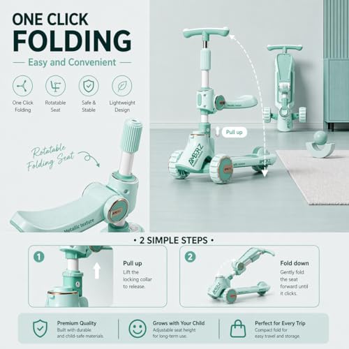 Image of Multi-Functional 2 in 1 Kids Kick Scooter with Foldable Seat | Adjustable Handlebar | PU LED Flashing 3 Wheels | for Boys & Girls Age 3-14 Years (KS-110 Seafoam Green)