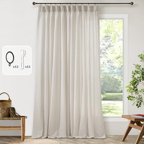 Pinch Pleat 120 Inch Linen Curtains for High Living Room 72 Inch Width Light Filtering Semi Sheer Custom Memory Trained Pleated Boho Neutral Extra Wide 72 x 120 Curtain Panel for Patio Balcony 10FT