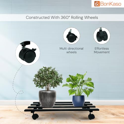 Image of BonKaso Rectangular Metal Plant Stand (Set of 2) with Wheels for Indoor & Outdoor Use (60x 22.9 x7.6 Cm) | Heavy Duty Flower Pot Holder | Holds Up to 100kg | Corner Plant Rack for Heavy Plants - Black