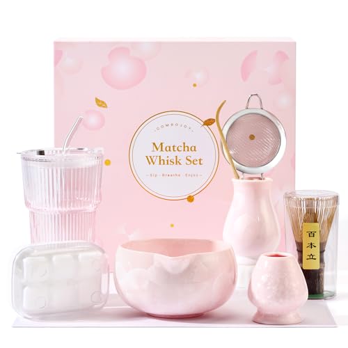 ComboJoy Matcha Set Rosa - 9-teiliges Crystal Flower Matcha Schale Bambusbesen & Halter Matcha gläser Eiswürfel form Löffel & Sieb mit Halter Teetuch - Geschenke für Frauen