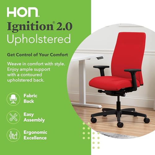 Image of HON Ignition 2.0 Ergonomic Office Chair with Adjustable Arms, Advanced Synchro‑Tilt Recline, Upholstered Desk and Computer Chair for Home Office or Workstation, Black Frame, Ruby