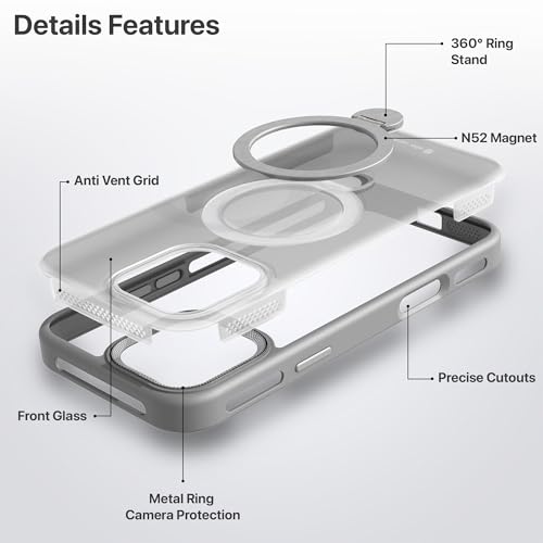 Image of eller sante Maximus Back Cover Case for iPhone 16 Pro Max with Magnetic Alloy Ring Metal Kickstand Camera Protector TPU Shockproof 10ft Drop Protection Compatible with Mag-Safe- Grey