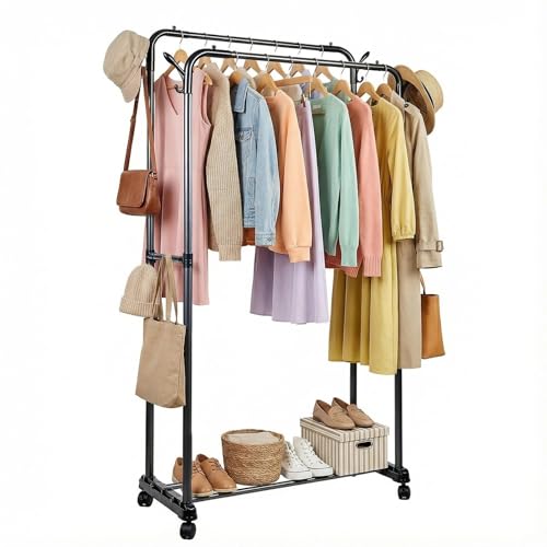 BAIEGOED Perchero de doble barra resistente al óxido, de metal negro con estante para zapatos y 6 ganchos para abrigos, para dormitorio, entrada, lavandería