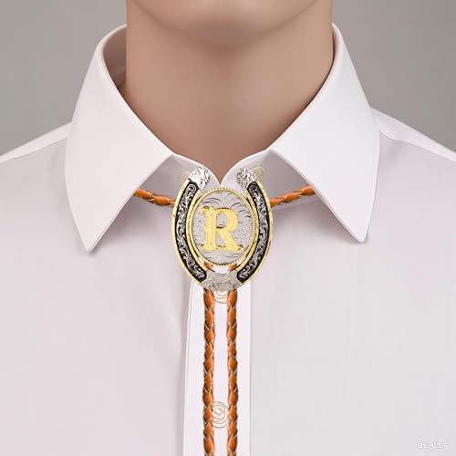 Image of Vintage Western Cowboy Rodeo Initial Letter A-Z Bolo Tie for Men | Premium brown braided leather, adjustable sliding clasp, anti-tarnish alloy pendant, versatile A-Z western bolo tie