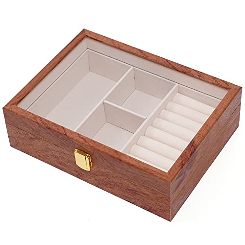 KIOPOWQ Schmuckkästchen aus Holz 1 Schichten Retro Ringschachtel Holz Halsketten Broschen Schaukasten Organizer Glasdeckel 26.5x20x8cm Cover