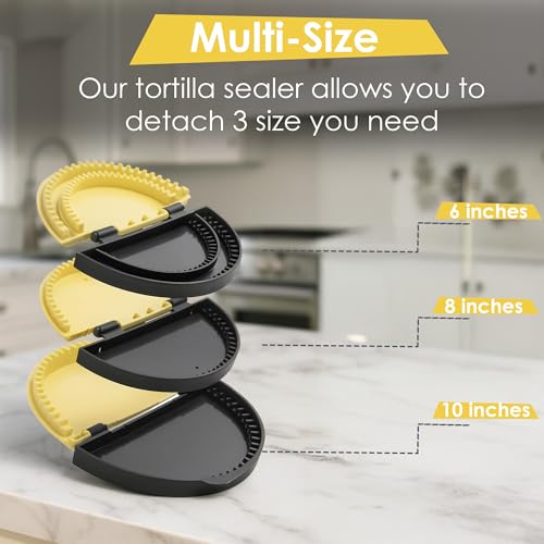 Image of 3-in-1 Tortilla Sealer, Tortilla Crimper Includes Free Rolling Pin - Adjustable and Removable 6, 8 & 10 Inch Plates for Burritos, Tacos, Quesadillas, Dumplings & Sandwiches - Yellow & Black