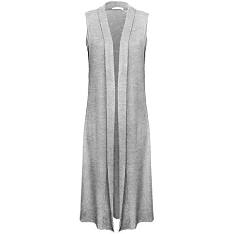 GirlsWalk Women's Plain Sleeveless Front Open Flared Maxi Cardigan Top Light Grey Cover