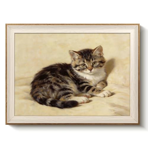 VIYYIEA Cat Framed Canvas Wall Art Tabby Kitten Oil Painting, 12x16in