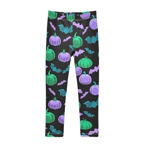 Fluorescent Pumpkin Bat Girls Leggings Ultra Soft Compression Yoga Gym Pants for Kids 4-10T