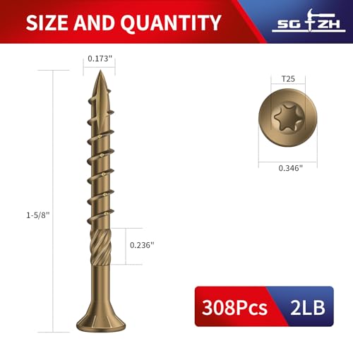 Image of #8 x 1-5 /8 inch Deck Screws (308Pcs) 2lb. Carbon Steel, Yellow, Flat Head, Rust Resistant epoxy Coated, with T25 Star Bit