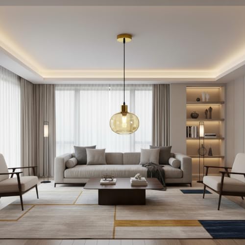 Image of Aurelia Amber Glass Pendant Light | Hanging Ceiling Lamp Fixture Chandelier | Decorative Lighting for Living Room Bedroom Indoor Outdoor Use | Modern Home Decor Light Without Bulb