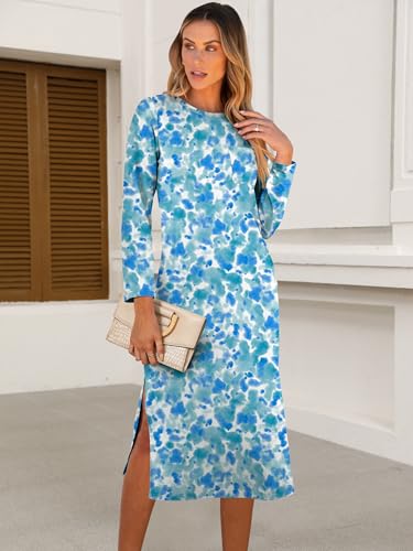 Image of ANRABESS Womens 3 /4 Sleeve Midi T Shirt Fall Dresses | Striped Solid Floral,Long Sleeve Slit Crew Neck &Chest Pocket,2026 Fall Outfits,Casual Travel Vacation Clothes,Summer Spring