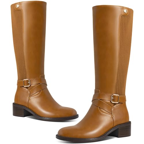 Women's Knee High Boots Round Toe Chunky Block Heel Comfortable Long Tall Boots for Women Side Zipper Elastic Casual Fashion Riding Boots3