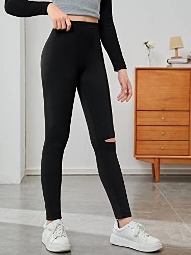 Verdusa Girl's Cut Out High Waist Ripped Leggings Tights Skinny Yoga Pants Black 8-9Y #TOP3