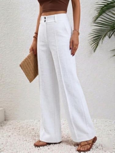 Image of TOPLOT High Waist Korean Trousers for Woman | Premium Wide Leg Palazzo Pant | Full Length with Dual Button & Elastic Band | Comfortable Office Wear & Business Casual Trouser (5272)