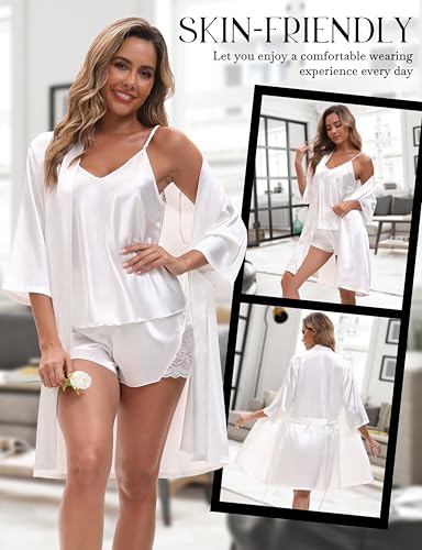 EPLAZA 3 Pcs Silk Pajamas for Women Satin Pajama Set Sexy Lace V-neck Cami Top Shorts Pjs Set with Robe Sleepwear3