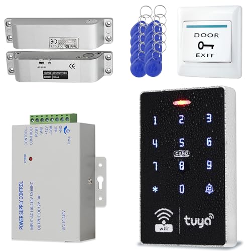 Sistema de Control de Acceso + Alimentación de 12V DC+Botón de Apertura de Puerta+Cerradura eléctrica,10 llaveros de identificación (125kHz),Apto para hogares,oficinas,Apartamentos y hoteles