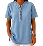 Henley Camisas para Mujer holgadas de Manga Corta Camisa Vaquera dreesy Casual botón Dobladillo Blusas Verano Denim Top,Light Blue,XL