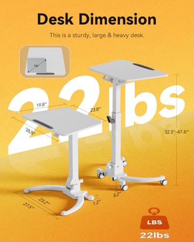Image of JOY worker Foldable Mobile Standing Desk, Upgraded Height Adjustable Rolling Desk, Max Height 47.6 inch, 90 Tiltable Board & Base, Portable Workstation with Moveable Wheels, Holds Up to 22lbs, White