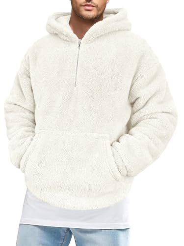 Comdecevis Mens Fuzzy Sherpa Pullover Hoodies 1/4 Zip Up Fluffy Hooded Sweatshirts with Pockets