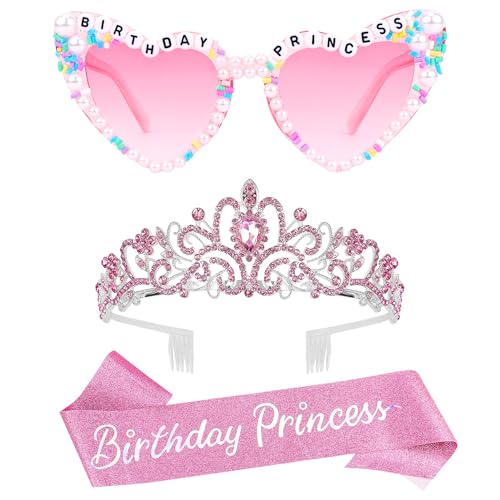 VELSCRUN Pink Birthday Princess Glasses, Birthday Princess Sash Tiara Crown for Women Girls, 3 Pcs Elegant Tiaras Crowns Hair Accessories Happy Birth Party Decorations Girls Gifts