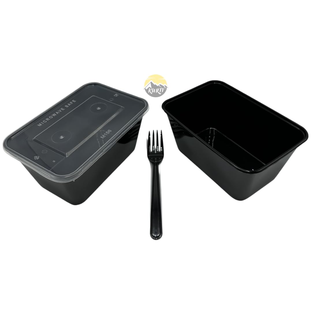 KURTT - plateaux micro-ondes avec couvercle - récipients de préparation de repas - 1000ml - noir - 100 pièces - fourchettes réutilisables 19cm - 100 pièces - sans bpa - reusable - passe au