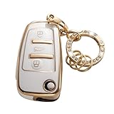 Gematay for Audi Key Fob Cover with Keychain, Key Shell Cover Compatible with Audi A1 A3 Q3 Q7 R8 A6L TT Smart Key Fob, White