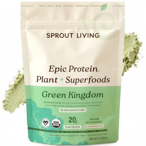 Image of Sprout Living Epic Protein, Plant Based Protein & Superfoods Powder, Green Kingdom | 20 Grams Organic Protein Powder, Greens, Vegan, Non Dairy, Non-GMO, Gluten Free, Low Sugar (1 Pound, 12 Servings)