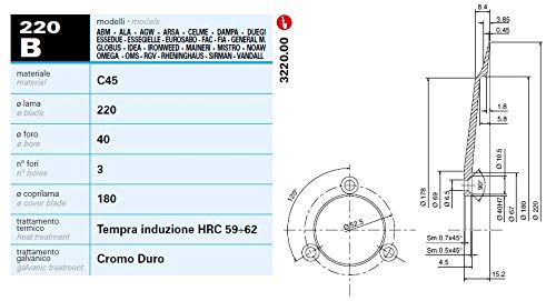 KLINGER Lama per affettatrice 220 mm diametro foro centrale 40 mm - 3 fori fissaggio lama - diametro coprilama 180 mm. Materiale C45