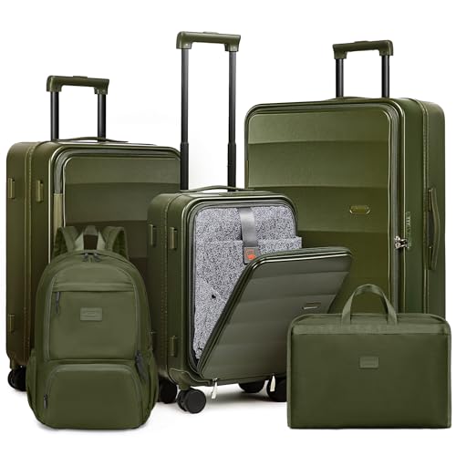 Image of Joyway Luggage Set 5 Piece Top Opening Suitcase Set with Spinner Wheel and TSA Lock, PC Hard Shell Carry on Luggage with Front Pocket, Suitcase with Backpack and Foldable Storage Bag (Green)