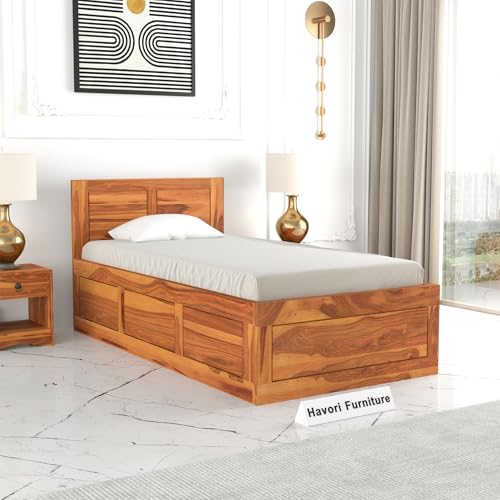 Image of Solid Sheesham Wood Single Size Bed with Box Storage for Bedroom Living Room Single Cot for Home Wooden Palang for Hotel (Honey, Size 6 * 3)