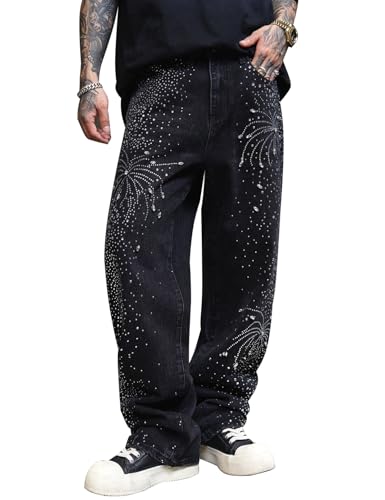 Men Loose Rhinestone Crystal Denim Jeans