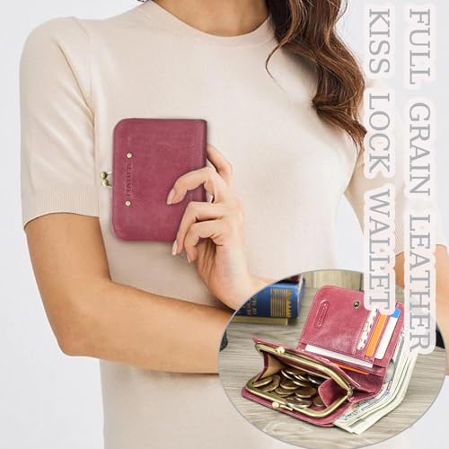 CONTACTS Full Grain Leather Kiss Lock Wallet for Women Kiss Clasp Coin Purse Vintage Bifold Card Holder Cute Small RFID Wallet (Pink)2